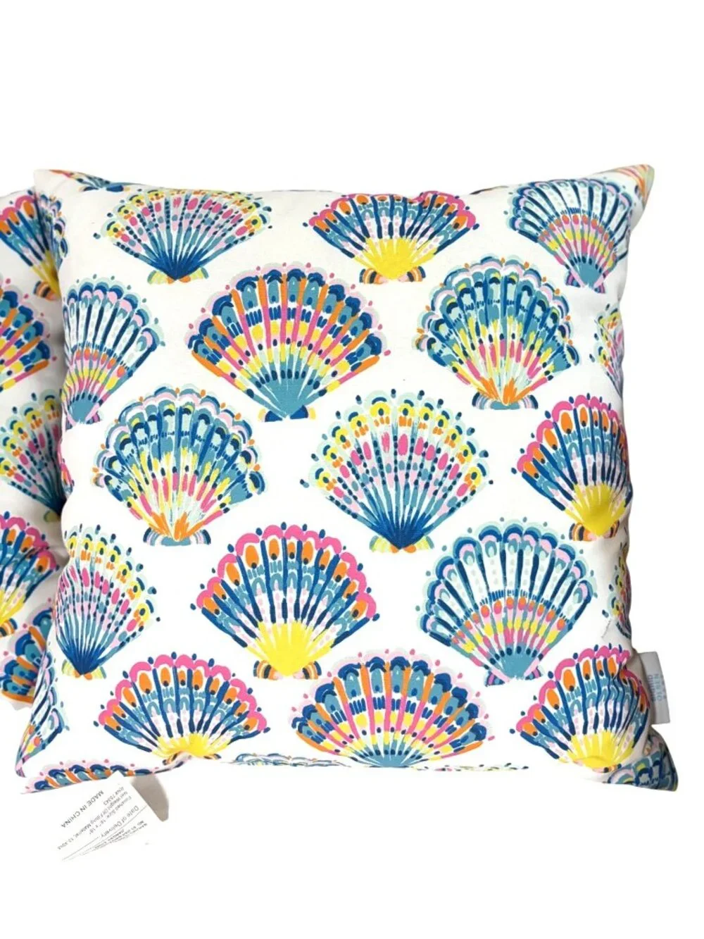 Blue Pink Seashells Tropical beachy Lot of 2 Throw Pillow White Pink Blue 17x17